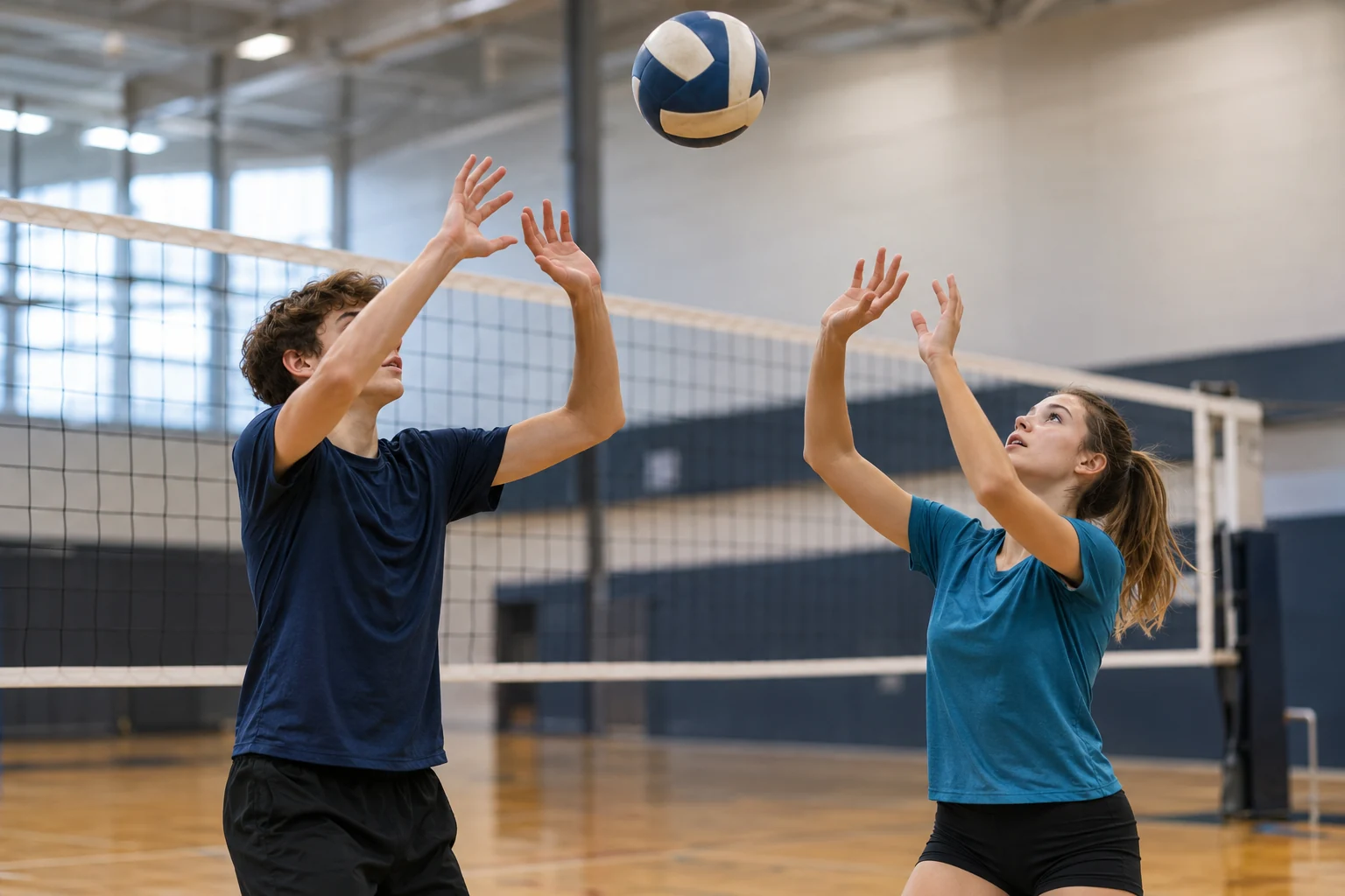 Photographic depiction of young athletes practising indoor volleyball.